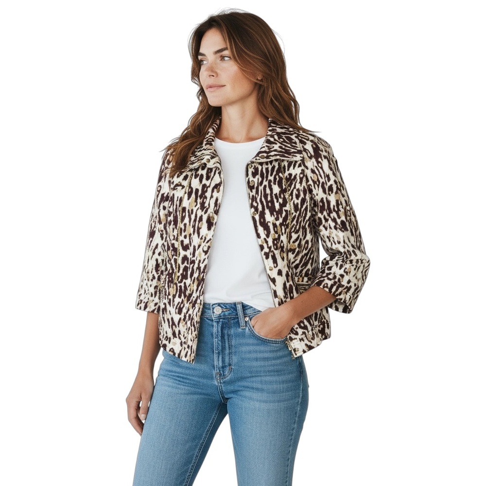 Just B Zip/Snap Drawstring Collar Animal Print Wide Sleeve Jacket Size L